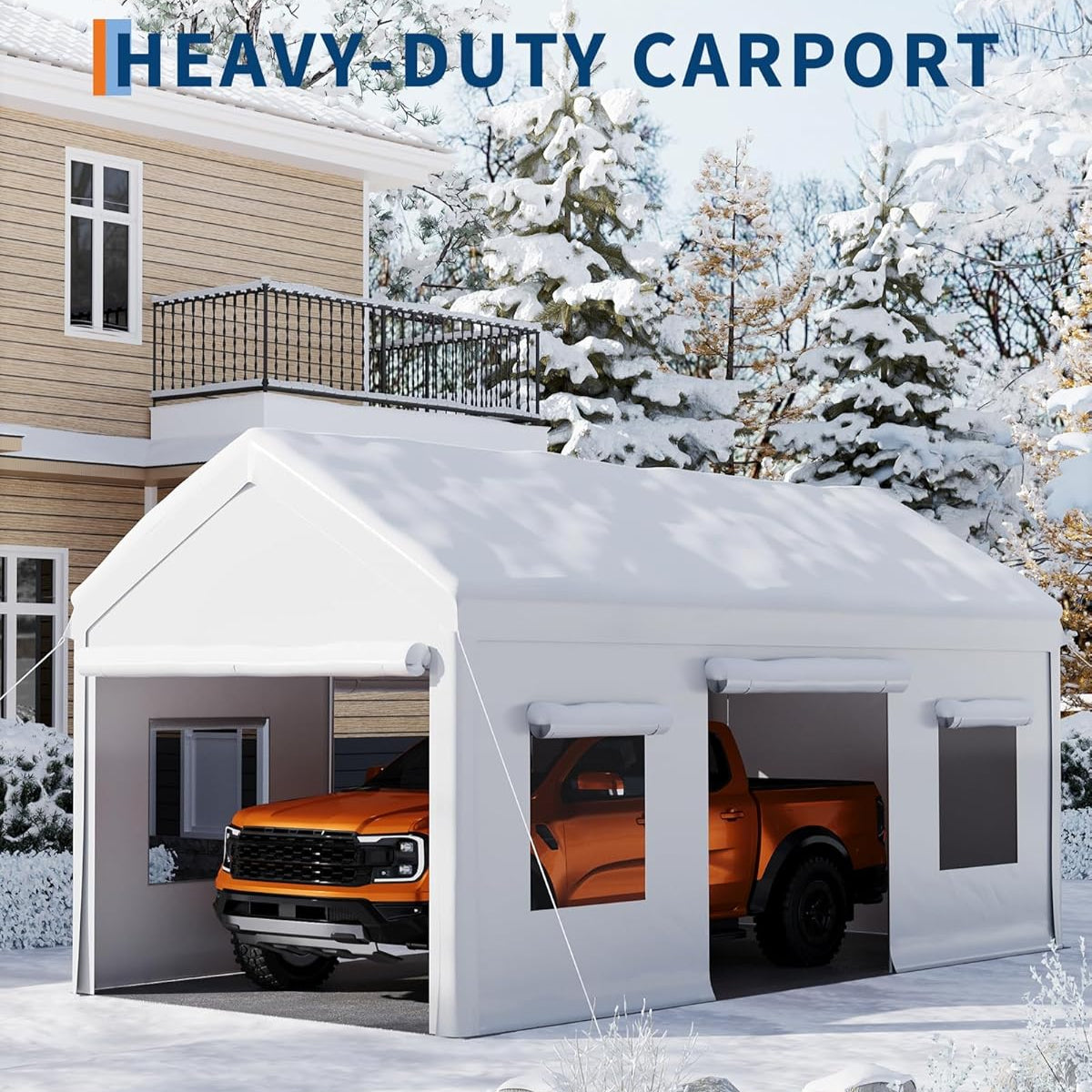 Garvee 10x20ft Portable Garage Carport Heavy Duty Steel Frame Removable Sidewalls Roll-Up Windows 180G PE Tarp Yellow Outdoor Shelter