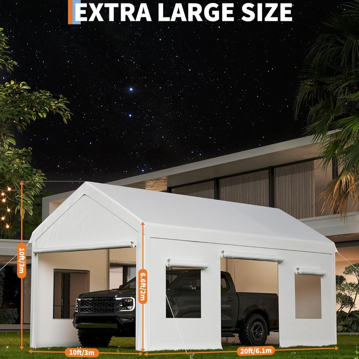 Garvee 10x20ft Portable Garage Carport Heavy Duty Steel Frame Removable Sidewalls Roll-Up Windows 180G PE Tarp Yellow Outdoor Shelter