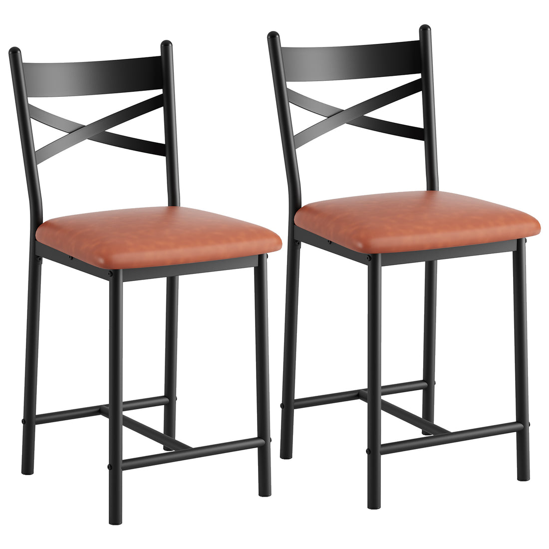 Garvee Bar Stools Set of 2, Counter Height Bar Stools with X Back and Thick Cushion, PU Leather, Metal Barstools for Kitchen Island Apartment Counter Bar, Brown