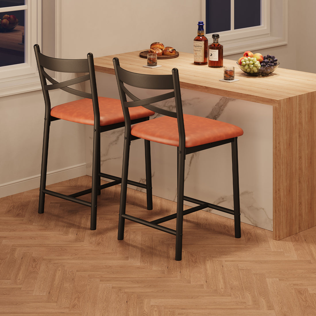 Garvee Bar Stools Set of 2, Counter Height Bar Stools with X Back and Thick Cushion, PU Leather, Metal Barstools for Kitchen Island Apartment Counter Bar, Brown