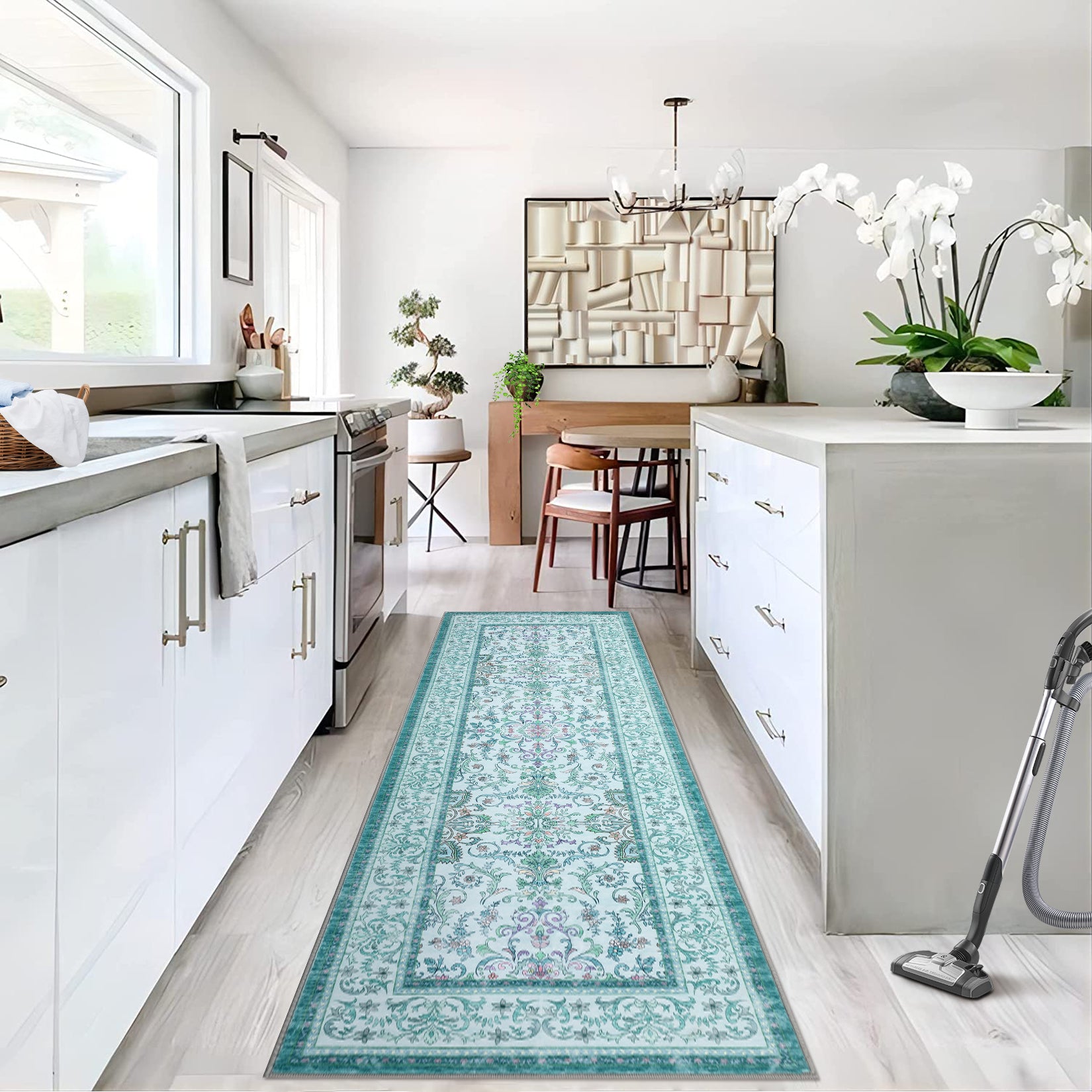 Garvee 2'x6' Runner Rug Boho Vintage Floral Rug Stain Resistant for Bedroom Dining Room Entryway Kitchen Playroom Low Pile Non Slip Soft Thin Carpet Brilliant Blue