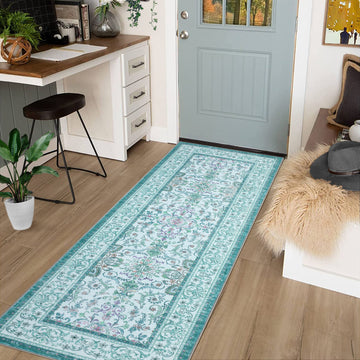 Garvee 2'x6' Runner Rug Boho Vintage Floral Rug Stain Resistant for Bedroom Dining Room Entryway Kitchen Playroom Low Pile Non Slip Soft Thin Carpet Brilliant Blue