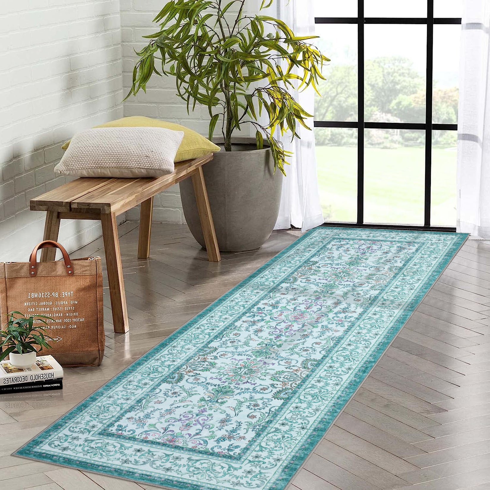 Garvee 2'x6' Runner Rug Boho Vintage Floral Rug Stain Resistant for Bedroom Dining Room Entryway Kitchen Playroom Low Pile Non Slip Soft Thin Carpet Brilliant Blue