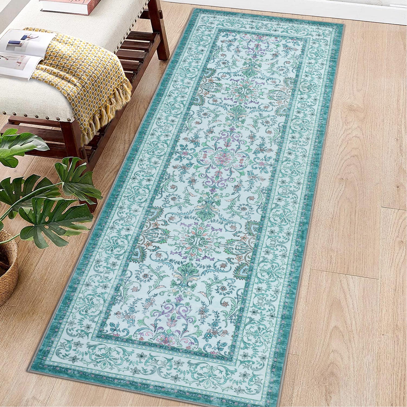 Garvee 2'x6' Runner Rug Boho Vintage Floral Rug Stain Resistant for Bedroom Dining Room Entryway Kitchen Playroom Low Pile Non Slip Soft Thin Carpet Brilliant Blue