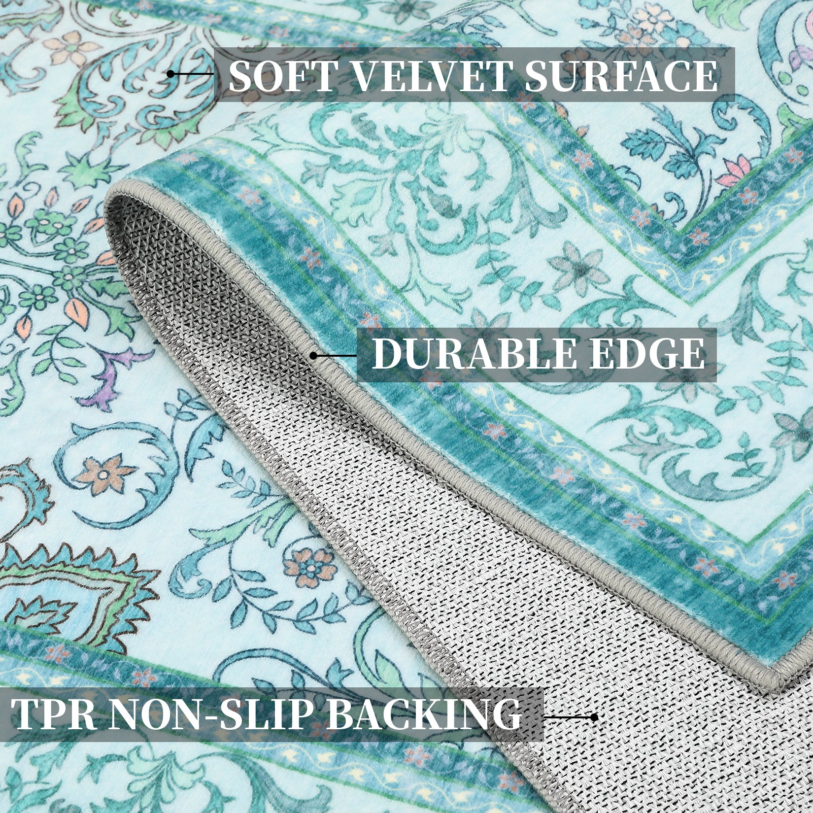 Garvee 2'x6' Runner Rug Boho Vintage Floral Rug Stain Resistant for Bedroom Dining Room Entryway Kitchen Playroom Low Pile Non Slip Soft Thin Carpet Brilliant Blue