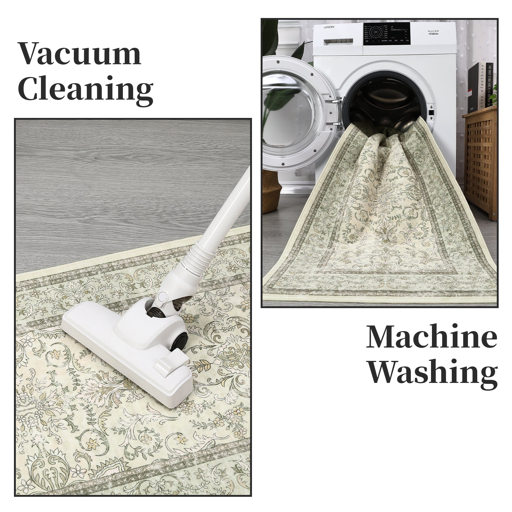 Garvee 9'x12' Boho Vintage Floral Rug Stain Resistant Low Pile Carpet For Bedroom Room Kids Playroom Office Decor Indoor Non Slip Soft Thin Carpet Light Green