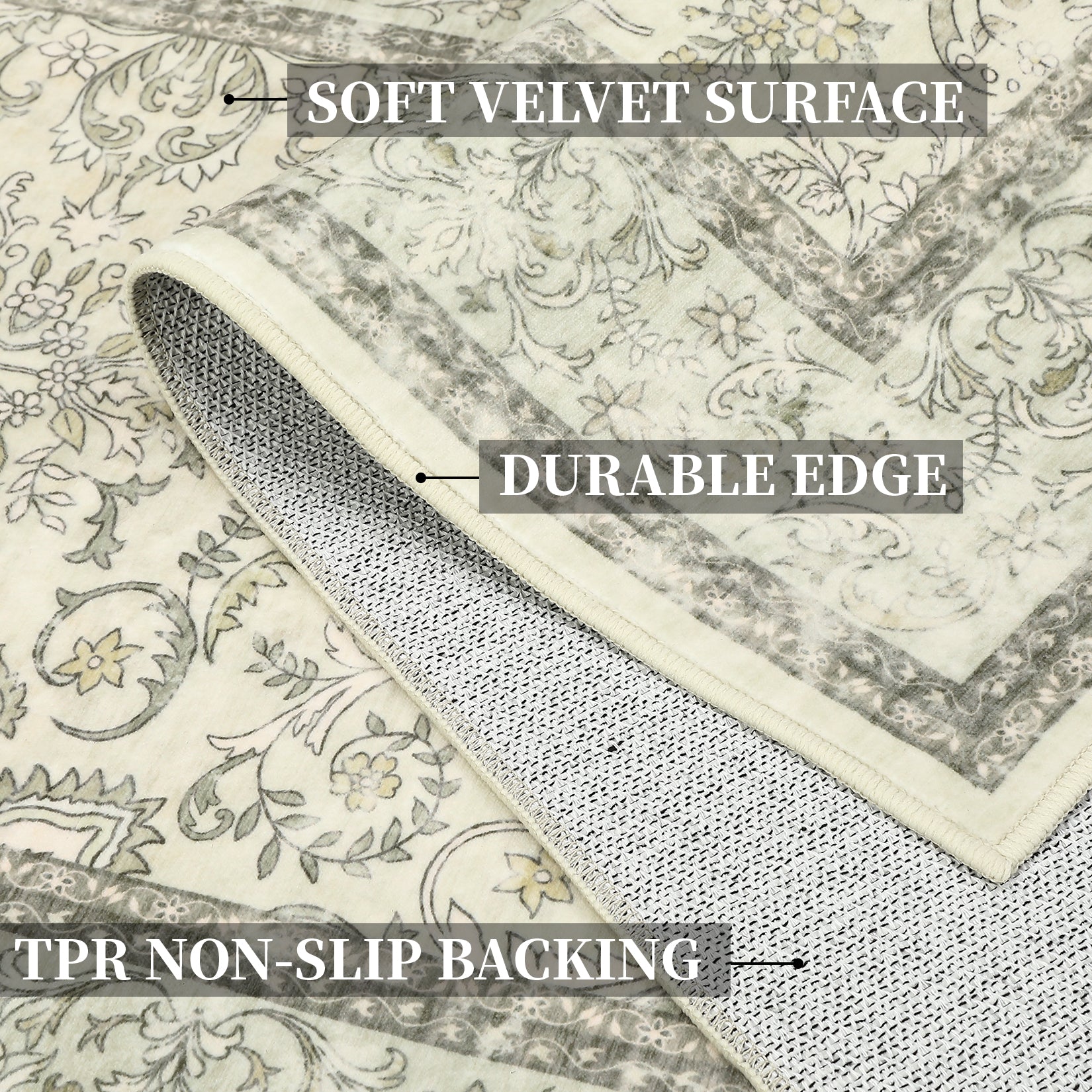 Garvee 9'x12' Boho Vintage Floral Rug Stain Resistant Low Pile Carpet For Bedroom Room Kids Playroom Office Decor Indoor Non Slip Soft Thin Carpet Light Green