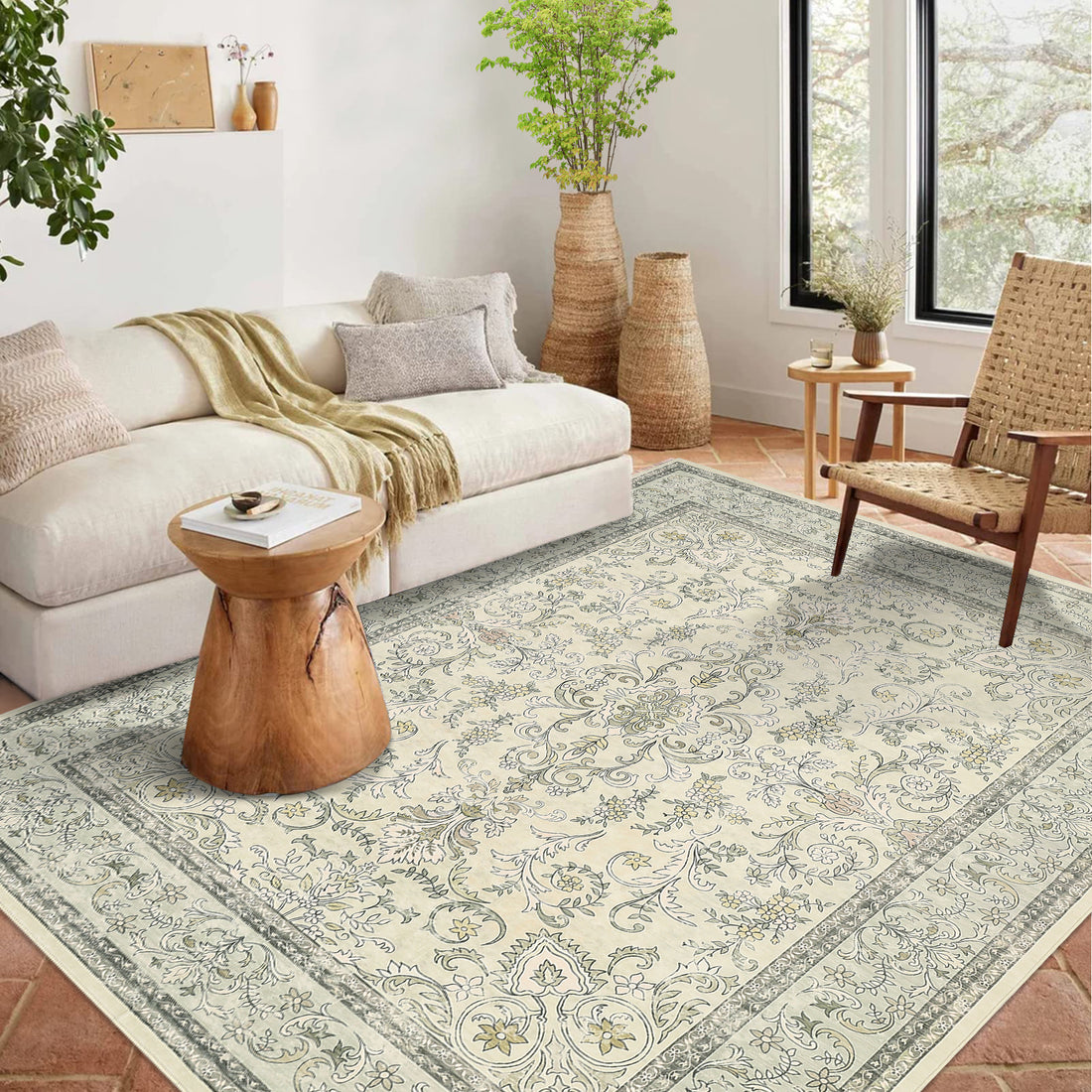 Garvee 2'x6' Runner Rug Boho Vintage Floral Rug Stain Resistant for Bedroom Dining Room Entryway Kitchen Playroom Low Pile Non Slip Soft Thin Carpet Light Green