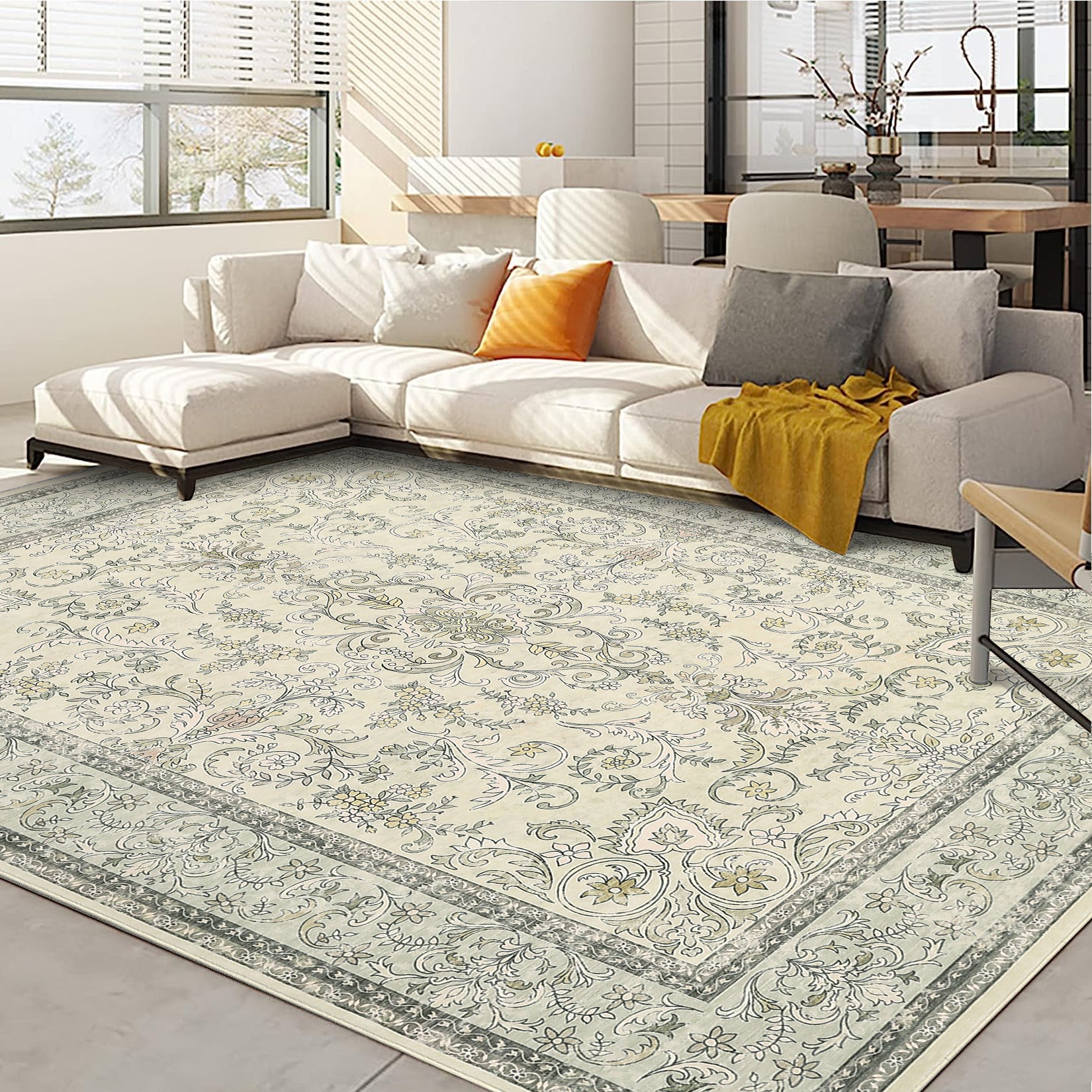 Garvee 2'x6' Runner Rug Boho Vintage Floral Rug Stain Resistant for Bedroom Dining Room Entryway Kitchen Playroom Low Pile Non Slip Soft Thin Carpet Light Green
