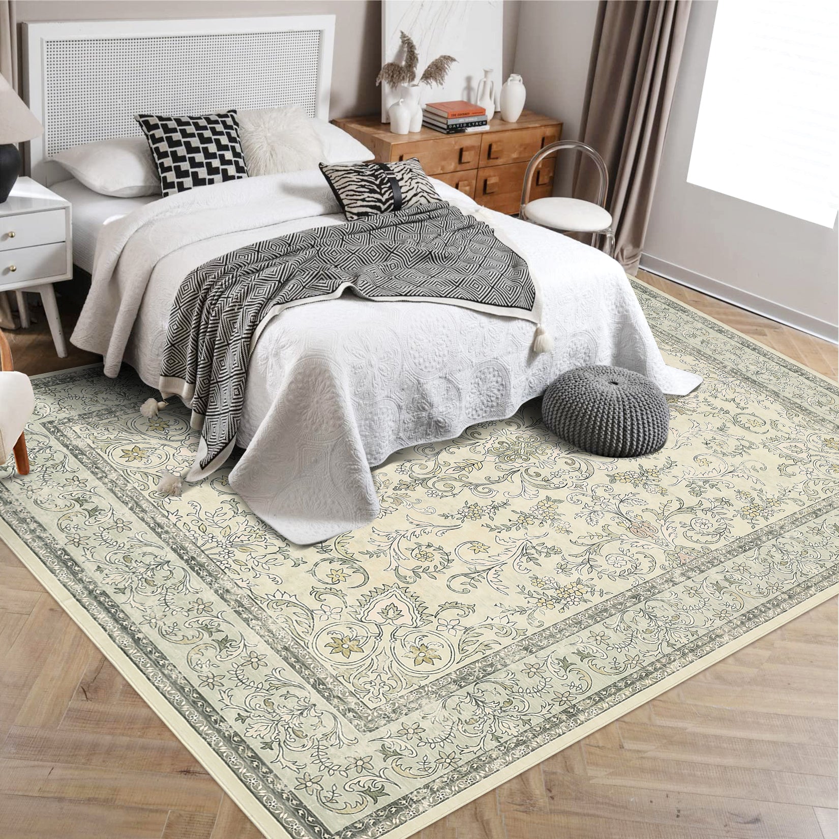 Garvee 2'x6' Runner Rug Boho Vintage Floral Rug Stain Resistant for Bedroom Dining Room Entryway Kitchen Playroom Low Pile Non Slip Soft Thin Carpet Light Green