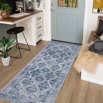 Garvee Persian Blue 2x6 Runner Rug Vintage Irregular Pattern Non Skid Washable Ultra-Thin Long Carpet for Indoor Bedroom Entryway Office Kitchen