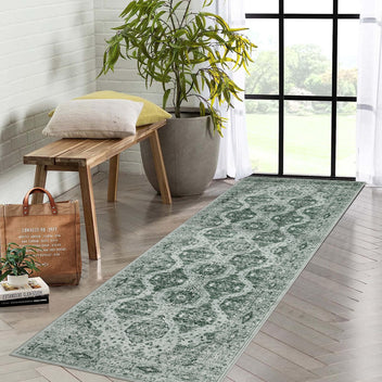 Garvee Persian Dark Green 2x6 Runner Rug Vintage Irregular Pattern Non Skid Washable Ultra-Thin Long Carpet for Indoor Bedroom Entryway Office Kitchen