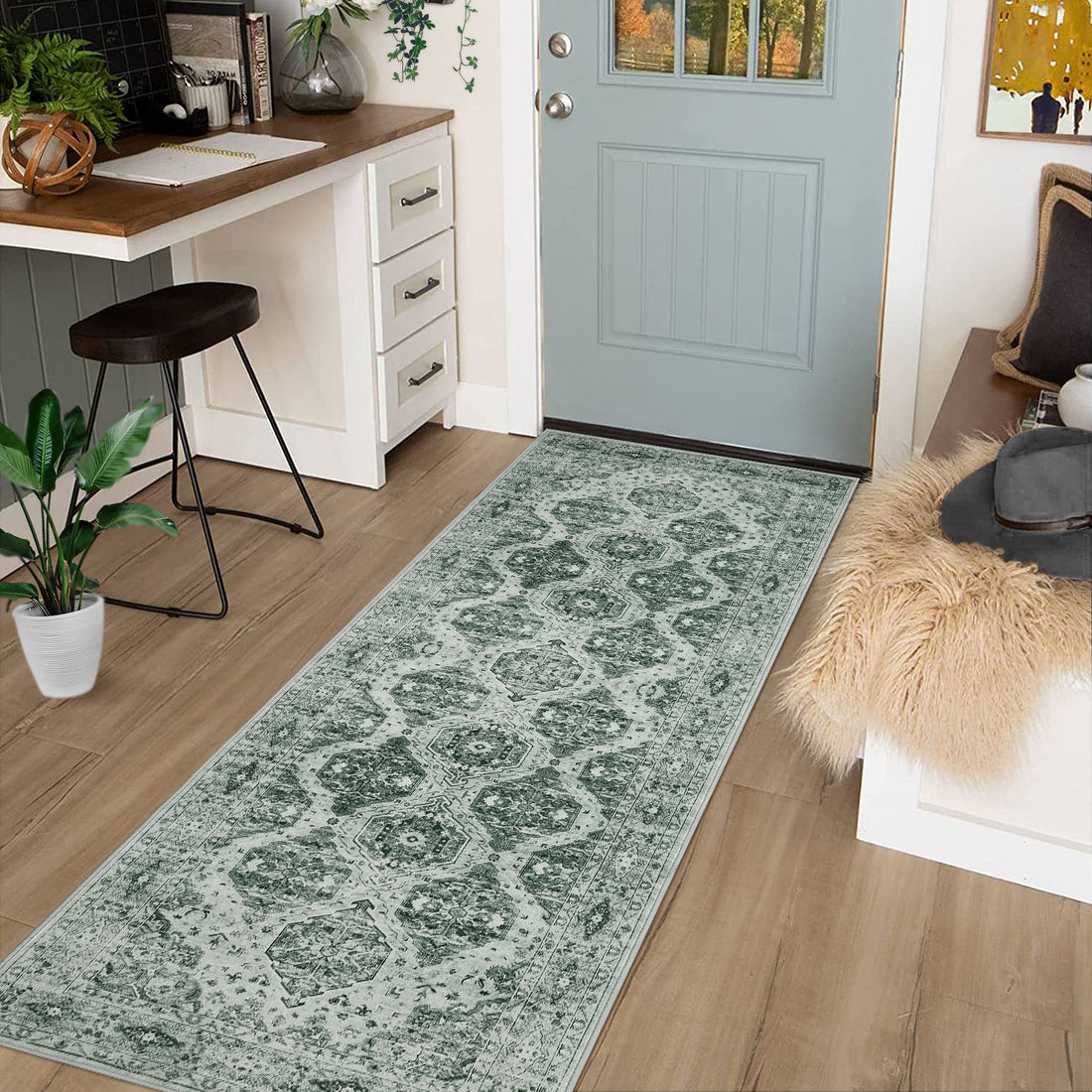 Garvee Persian Dark Green 2x6 Runner Rug Vintage Irregular Pattern Non Skid Washable Ultra-Thin Long Carpet for Indoor Bedroom Entryway Office Kitchen