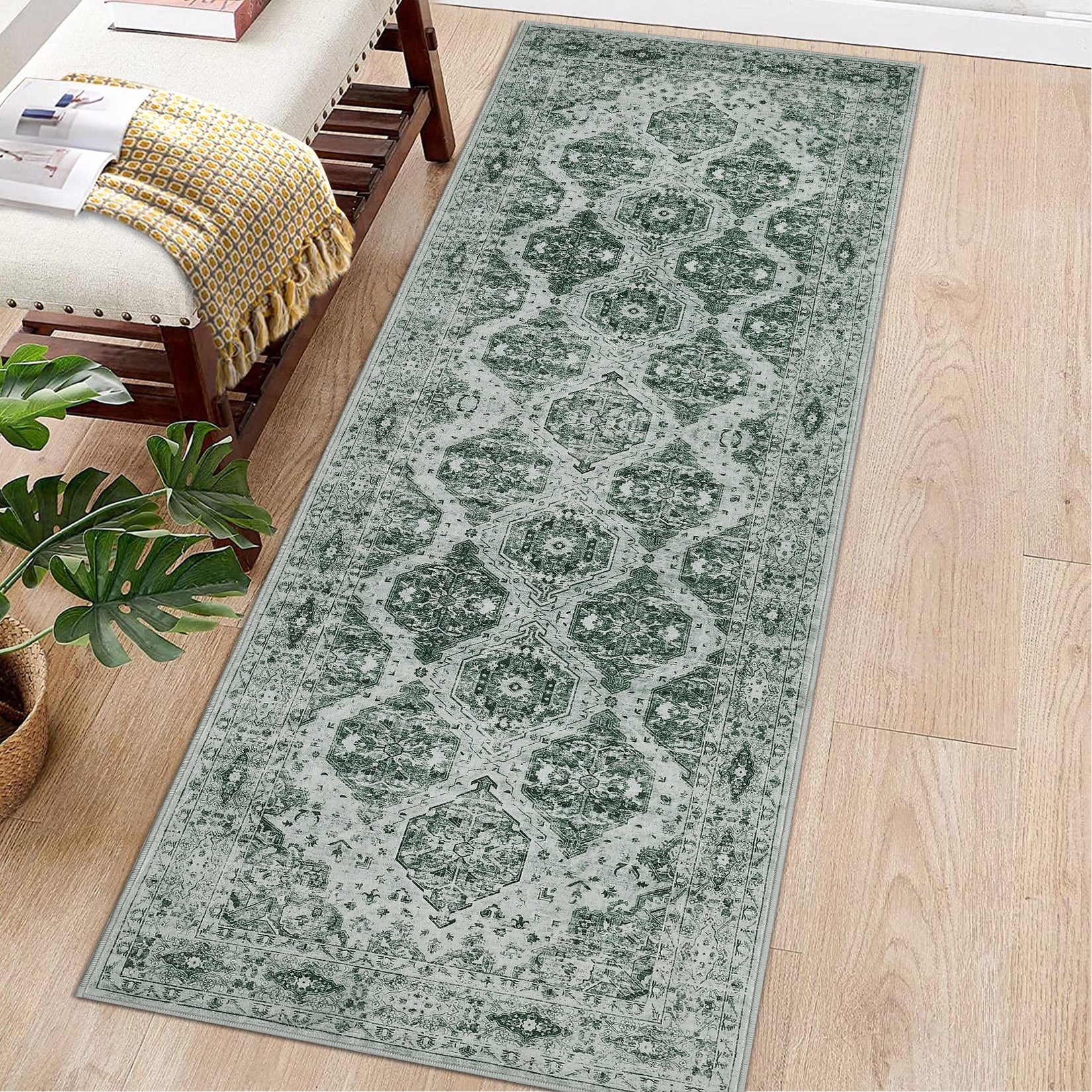 Garvee Persian Dark Green 2x6 Runner Rug Vintage Irregular Pattern Non Skid Washable Ultra-Thin Long Carpet for Indoor Bedroom Entryway Office Kitchen