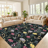 Garvee Floral 10x13 Black Large Dining Room Rugs Non-Slip Modern Accent Carpet, Non-Shedding Flower Printed Indoor Mat, Contemporary Floor Cover for Living Room, Office, Kitchen - Black