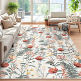 Garvee Floral 5x7 Rice Modern Area Rugs Farmhouse Flower Print Throw Rugs, Stain-Resistant Low Pile Floor Cover, Washable Indoor Carpet Mat, Easy to Clean, for Living Room, Office - Beige