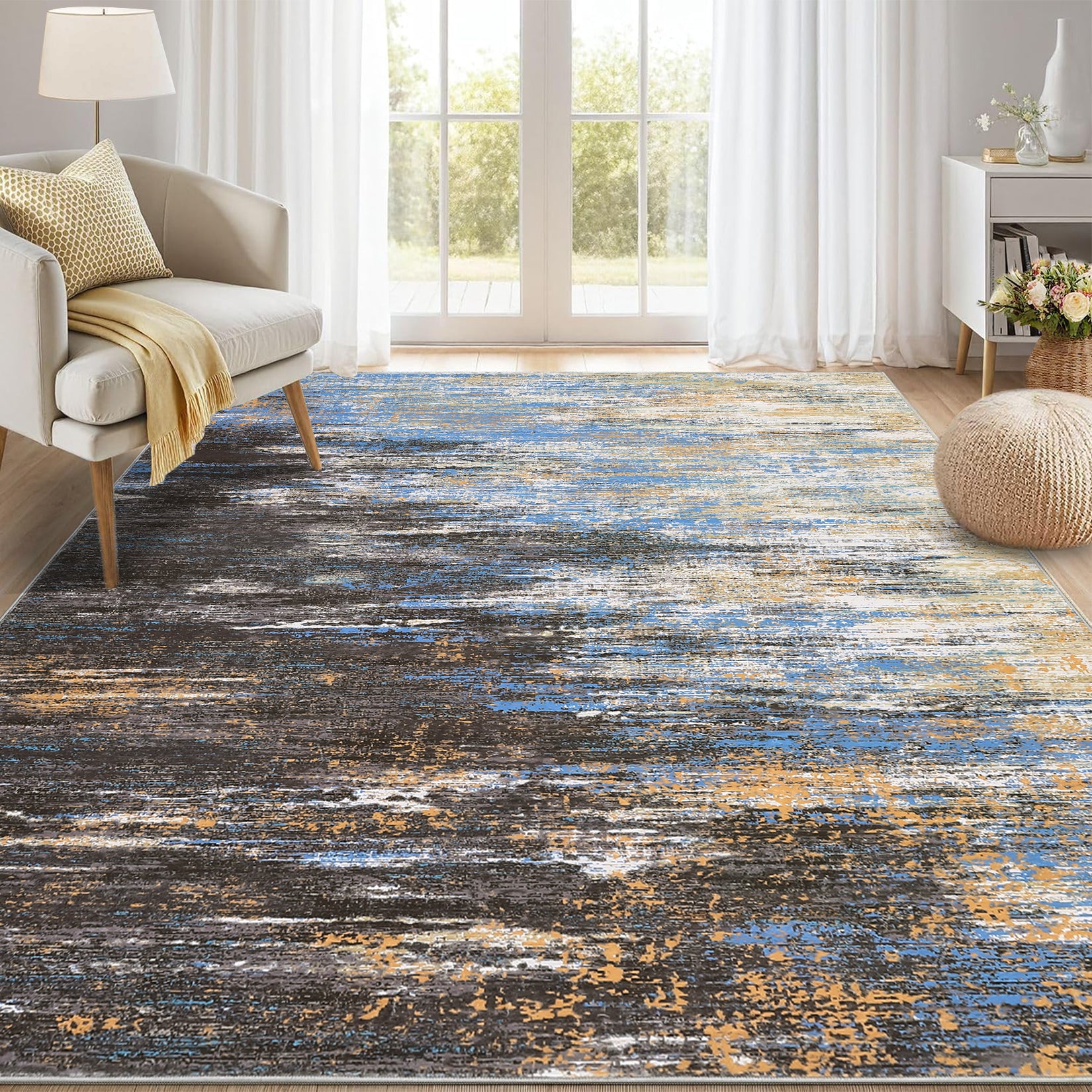 Garvee Modern Abstract Living Room Rug 8x10, Washable Area Rugs for Bedroom, Stain Resistant Non Slip Large Rug, Soft Indoor Carpet for Dining Room Table Home Decor, Blue/Brown