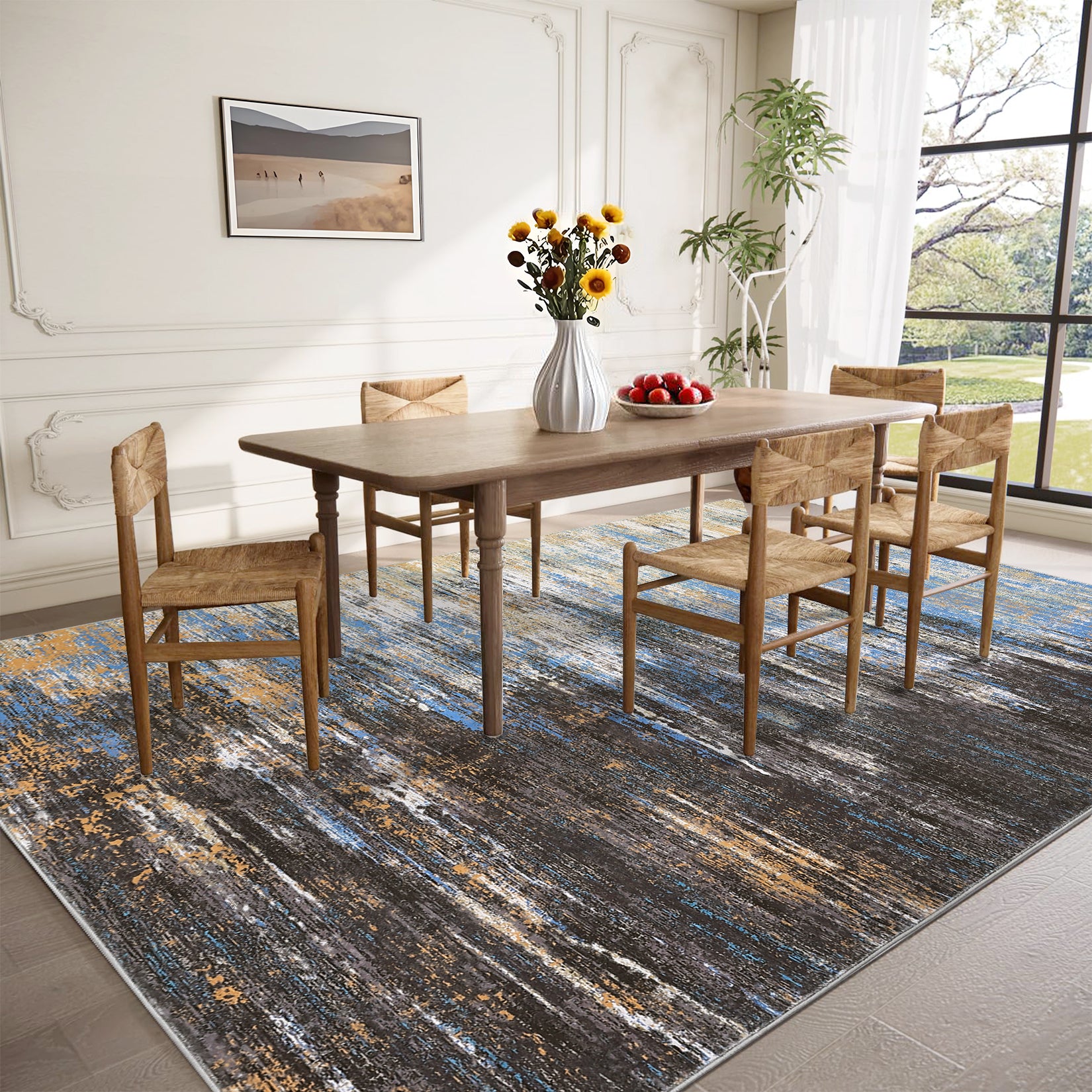 Garvee Modern Abstract Living Room Rug 8x10, Washable Area Rugs for Bedroom, Stain Resistant Non Slip Large Rug, Soft Indoor Carpet for Dining Room Table Home Decor, Blue/Brown