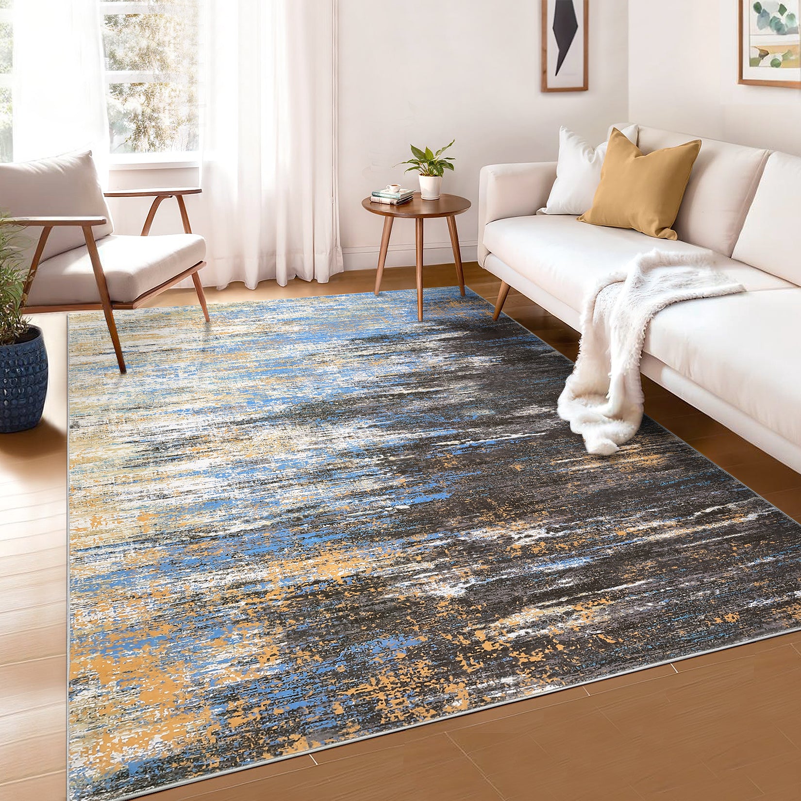 Garvee Modern Abstract Living Room Rug 8x10, Washable Area Rugs for Bedroom, Stain Resistant Non Slip Large Rug, Soft Indoor Carpet for Dining Room Table Home Decor, Blue/Brown
