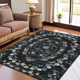 Garvee Modern Floral Black 10x13 Area Rug Large Washable Rugs Soft Touch Throw Carpet For Living Room Stain Resistant Throw Carpet With Non-Slip Backing Low Pile Floor Cover For Nursery Apartment - Black