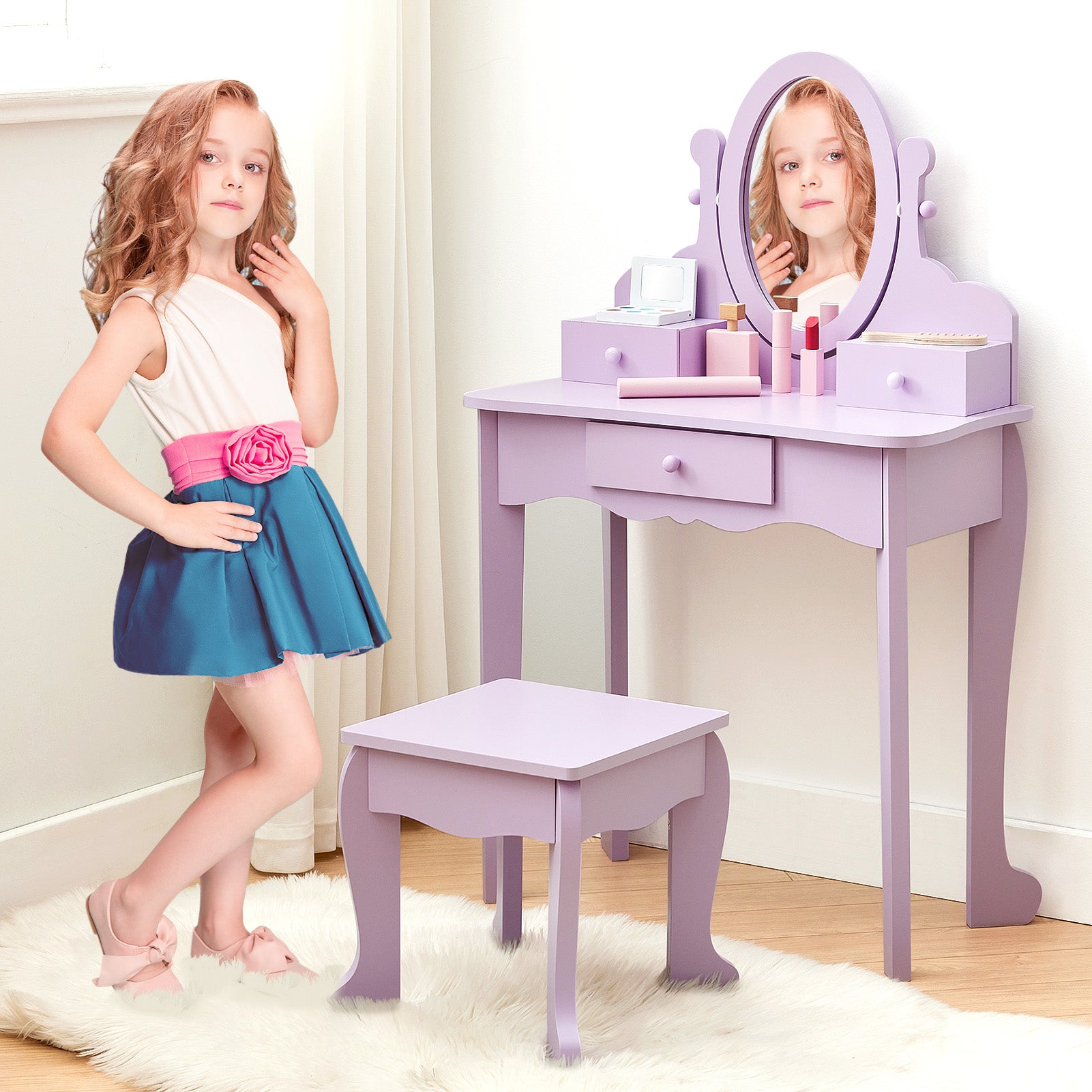 Garvee Kids Vanity Set with Adjustable Angle Mirror, Pretend Play Girls Vanity Table and Chair Set with Mirror, Stool, and Wood Makeup Playset, Purple