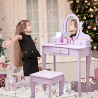 Garvee Kids Vanity Set with Adjustable Angle Mirror, Pretend Play Girls Vanity Table and Chair Set with Mirror, Stool, and Wood Makeup Playset, Purple