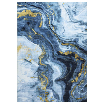 Garvee Modern Washable Rugs 5x7 Neutral Abstract Throw Rugs, Non-Slip Abstract Accent Carpet with Marble Swirl Pattern, Stain-Resistant Low Pile Indoor Carpet Rug for Living Room, Bedroom, Blue