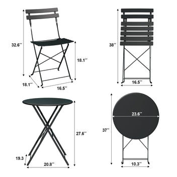 Garvee 3-Piece Folding Patio Bistro Set, Powder-Coated Metal Table and 2 Chairs for Balcony, Porch, Garden, Small Outdoor Spaces,Black