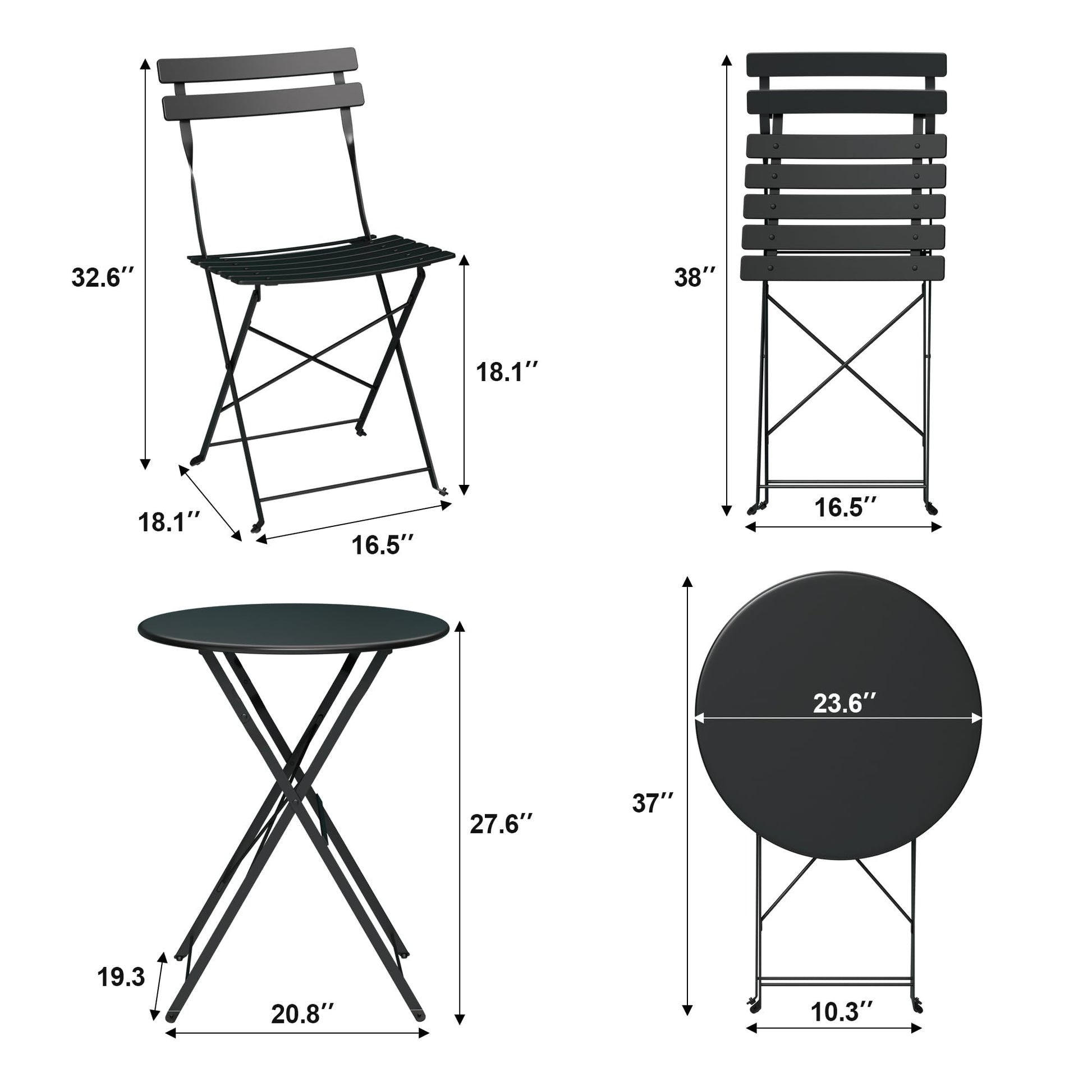 Garvee 3-Piece Folding Patio Bistro Set, Powder-Coated Metal Table and 2 Chairs for Balcony, Porch, Garden, Small Outdoor Spaces,Black