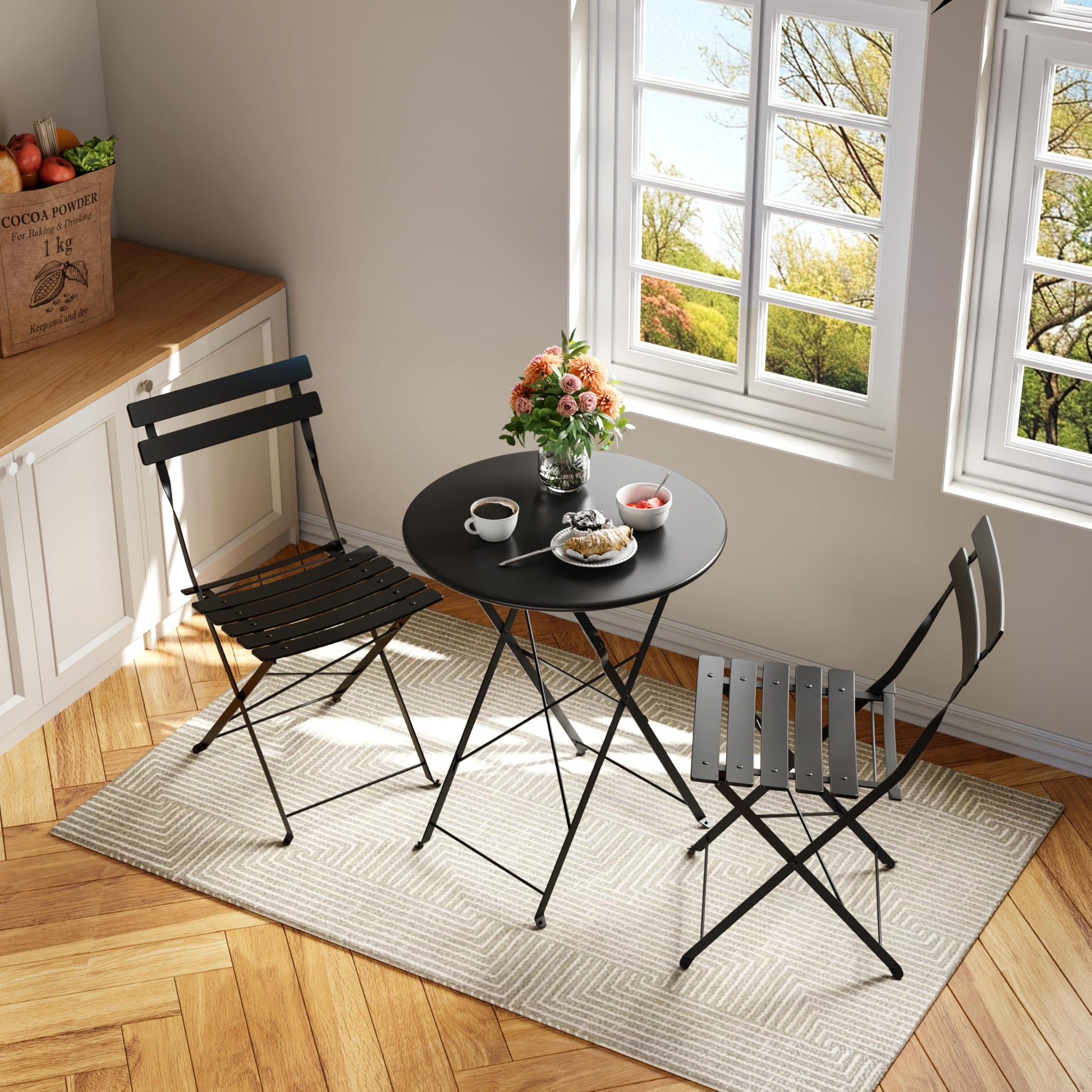 Garvee 3-Piece Folding Patio Bistro Set, Powder-Coated Metal Table and 2 Chairs for Balcony, Porch, Garden, Small Outdoor Spaces,Black