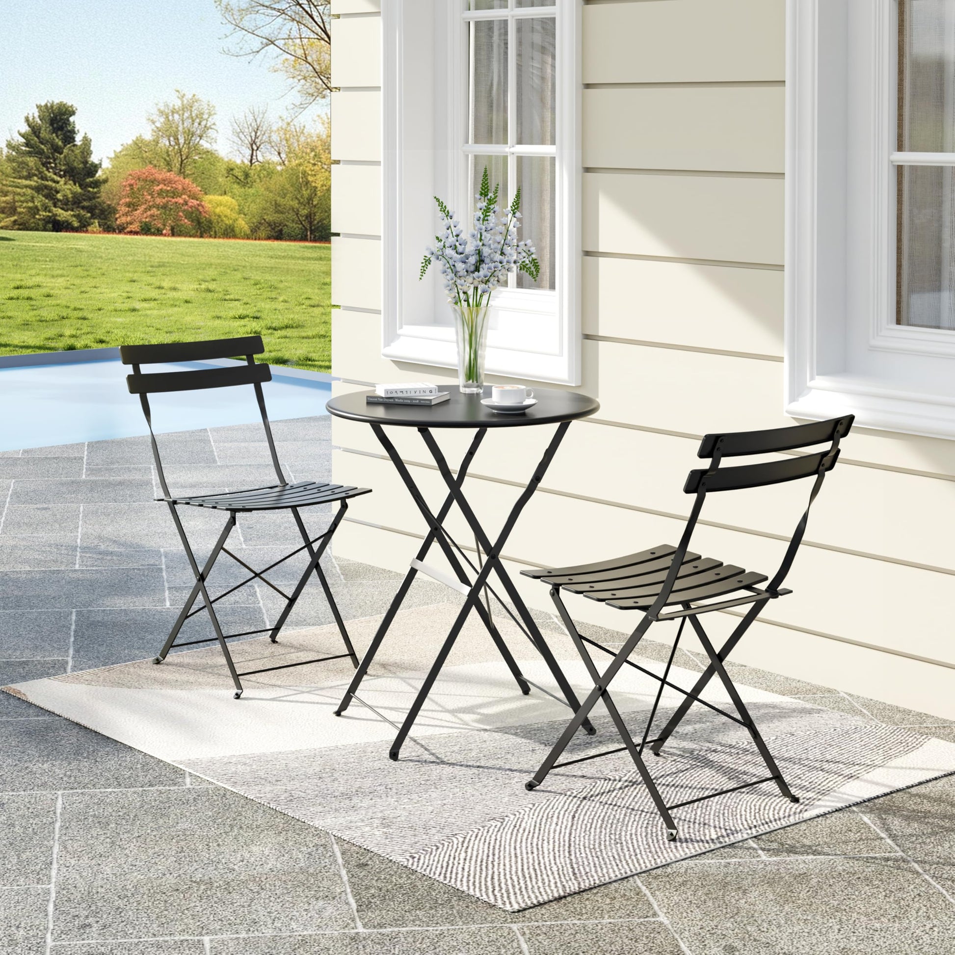 Garvee 3-Piece Folding Patio Bistro Set, Powder-Coated Metal Table and 2 Chairs for Balcony, Porch, Garden, Small Outdoor Spaces,Black