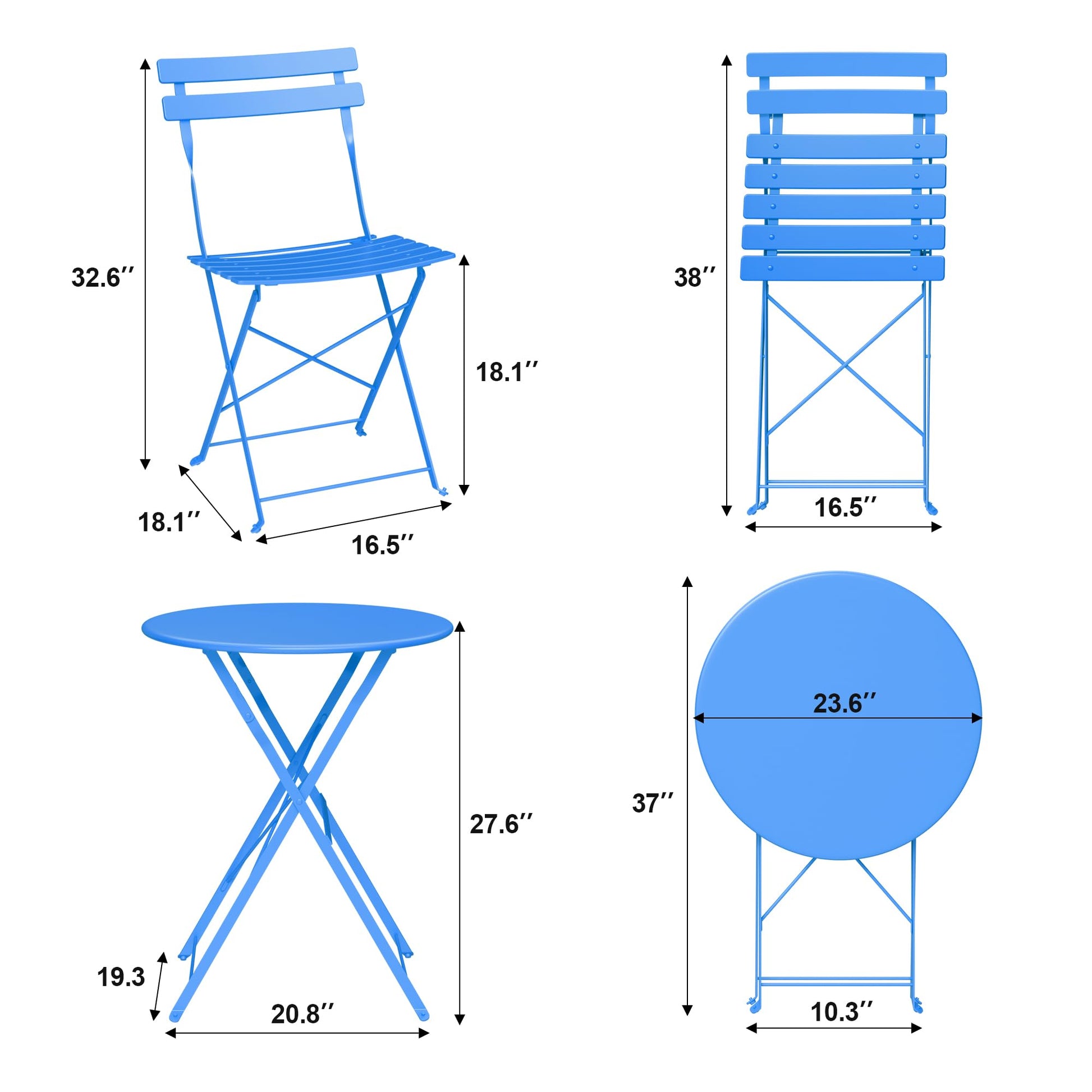 Garvee 3-Piece Folding Patio Bistro Set, Powder-Coated Metal Table and 2 Chairs for Balcony, Porch, Garden, Small Outdoor Spaces,Blue