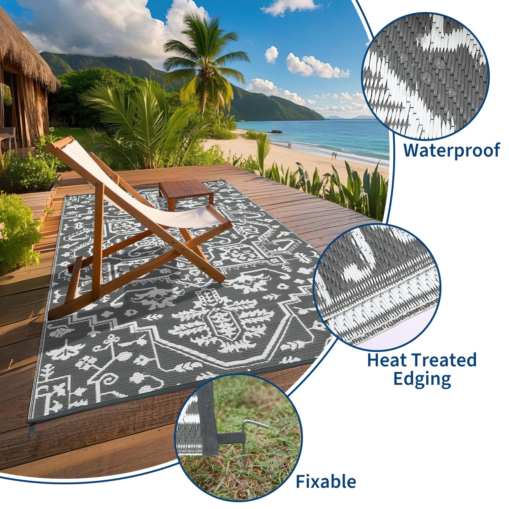 Garvee Outdoor Rug 9x12 Waterproof Reversible Plastic Straw Durable UV-Resistant Foldable with Carry Bag for Patio Camping Deck