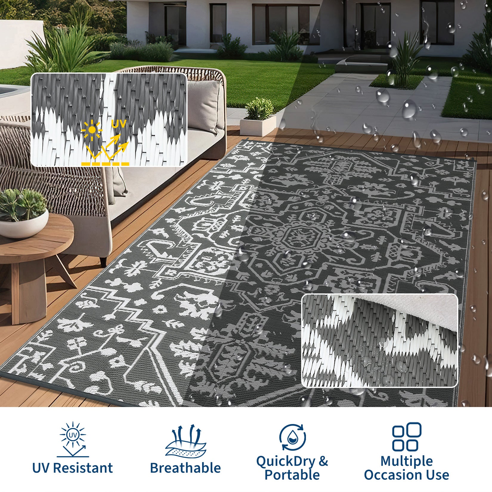 Garvee Outdoor Rug 9x12 Waterproof Reversible Plastic Straw Durable UV-Resistant Foldable with Carry Bag for Patio Camping Deck