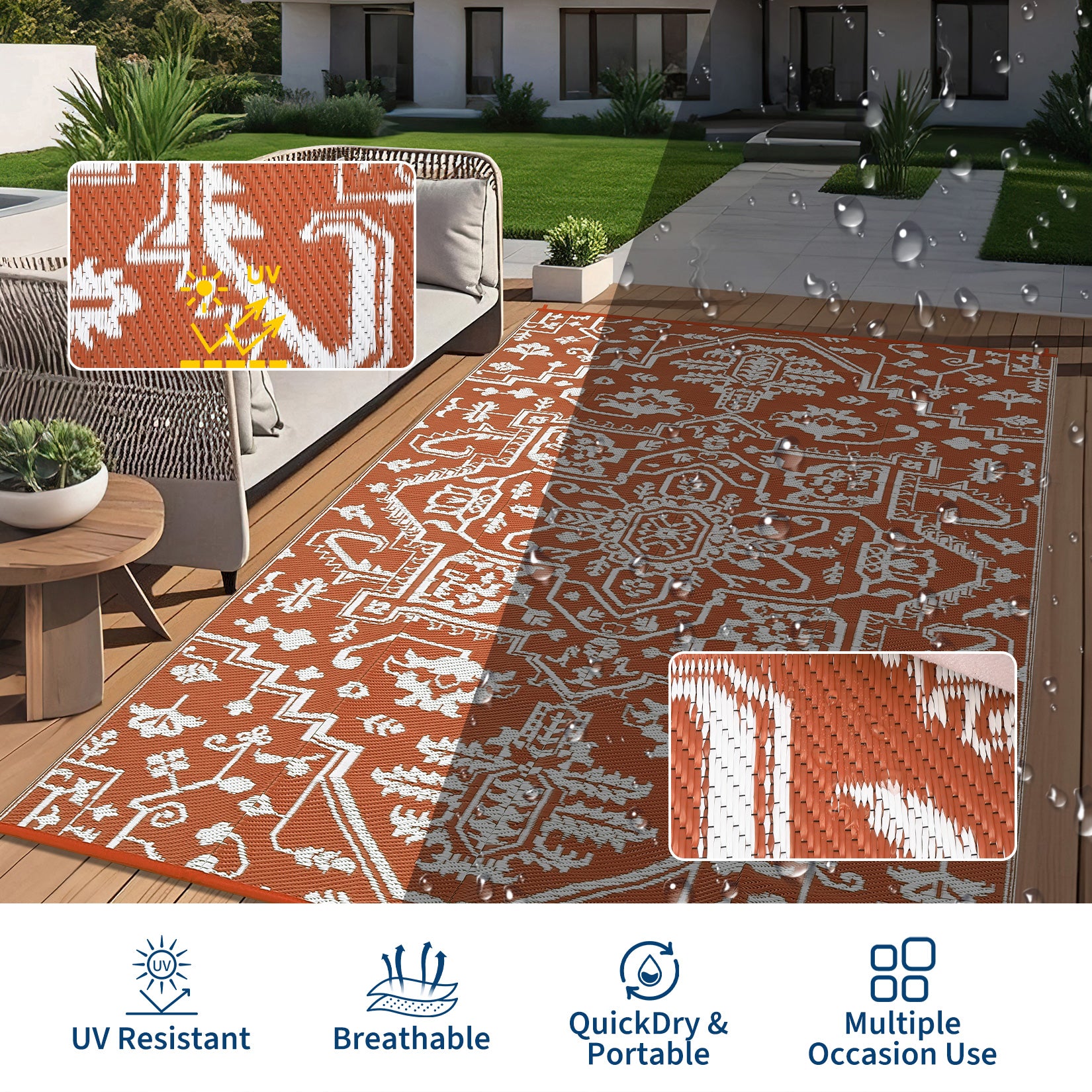 Garvee Outdoor Rug 10x14 Waterproof Reversible Plastic Straw Rug for Patio, RV, Picnic, Backyard, Brick Red & White