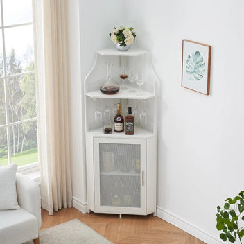 Garvee Corner Wine Bar Rack Cabinet with Detachable Wine Rack, Bar Cabinet with Glass Holder and Mesh Door, Liquor Coffe Bar Cabinet with Adjustable Shelves, ‎White