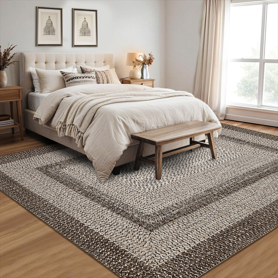 Garvee Bordered Camel 5x7 Area Rugs Braided Printed Throw Rug with Non-Slip Backing, Modern Bordered Accent Carpet, Foldable Low Pile Floor Cover for Bedroom, Living Room