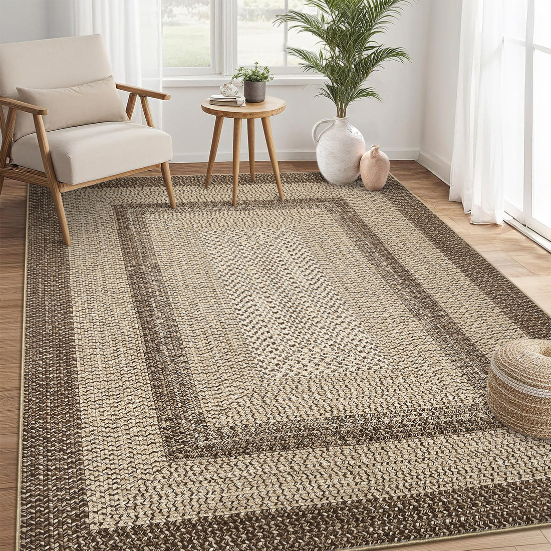 Garvee Bordered Natural 5x7 Area Rugs Braided Printed Throw Rug with Non-Slip Backing, Modern Bordered Accent Carpet, Foldable Low Pile Floor Cover for Bedroom, Living Room