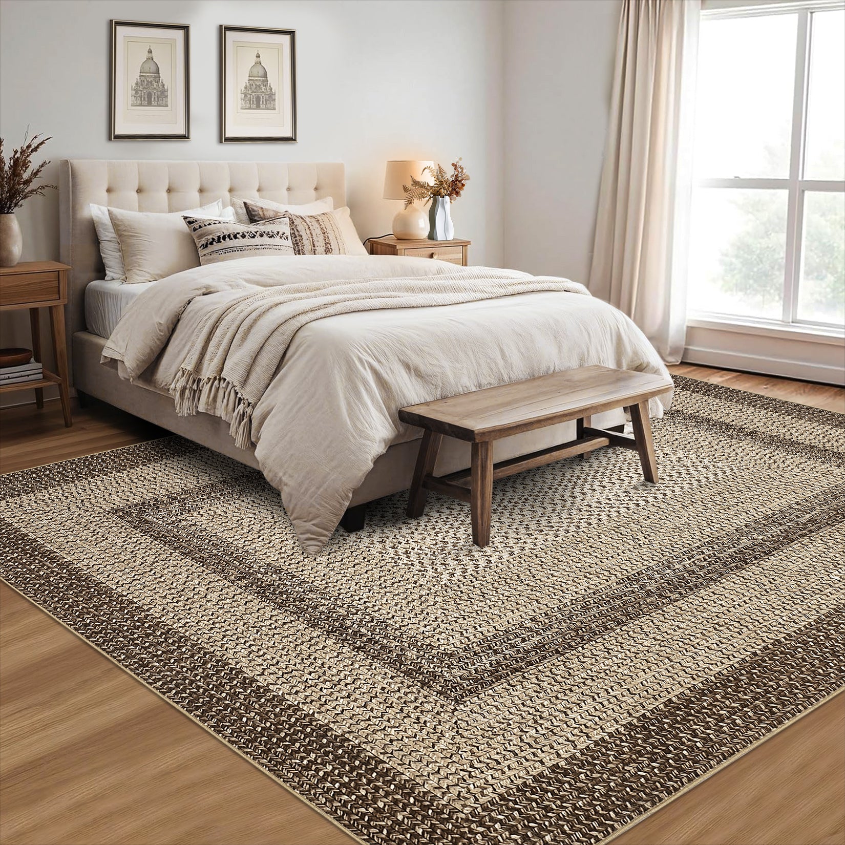 Garvee Bordered Natural 5x7 Area Rugs Braided Printed Throw Rug with Non-Slip Backing, Modern Bordered Accent Carpet, Foldable Low Pile Floor Cover for Bedroom, Living Room