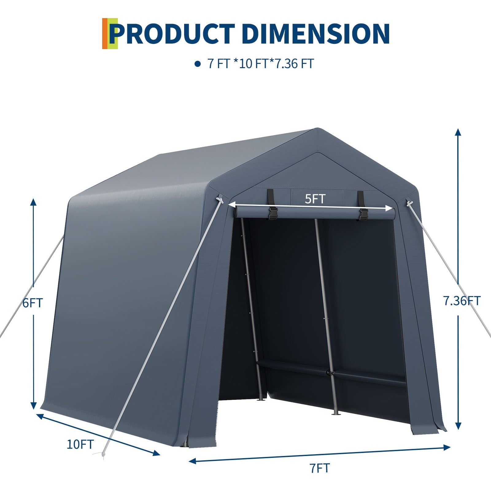 Garvee 7x10 FT Portable Outdoor Storage Shed – Dual Roll-Up Zipper Doors, Vented, 240G Waterproof UV-Resistant PE Tarp, Steel Frame, Gray Shelter
