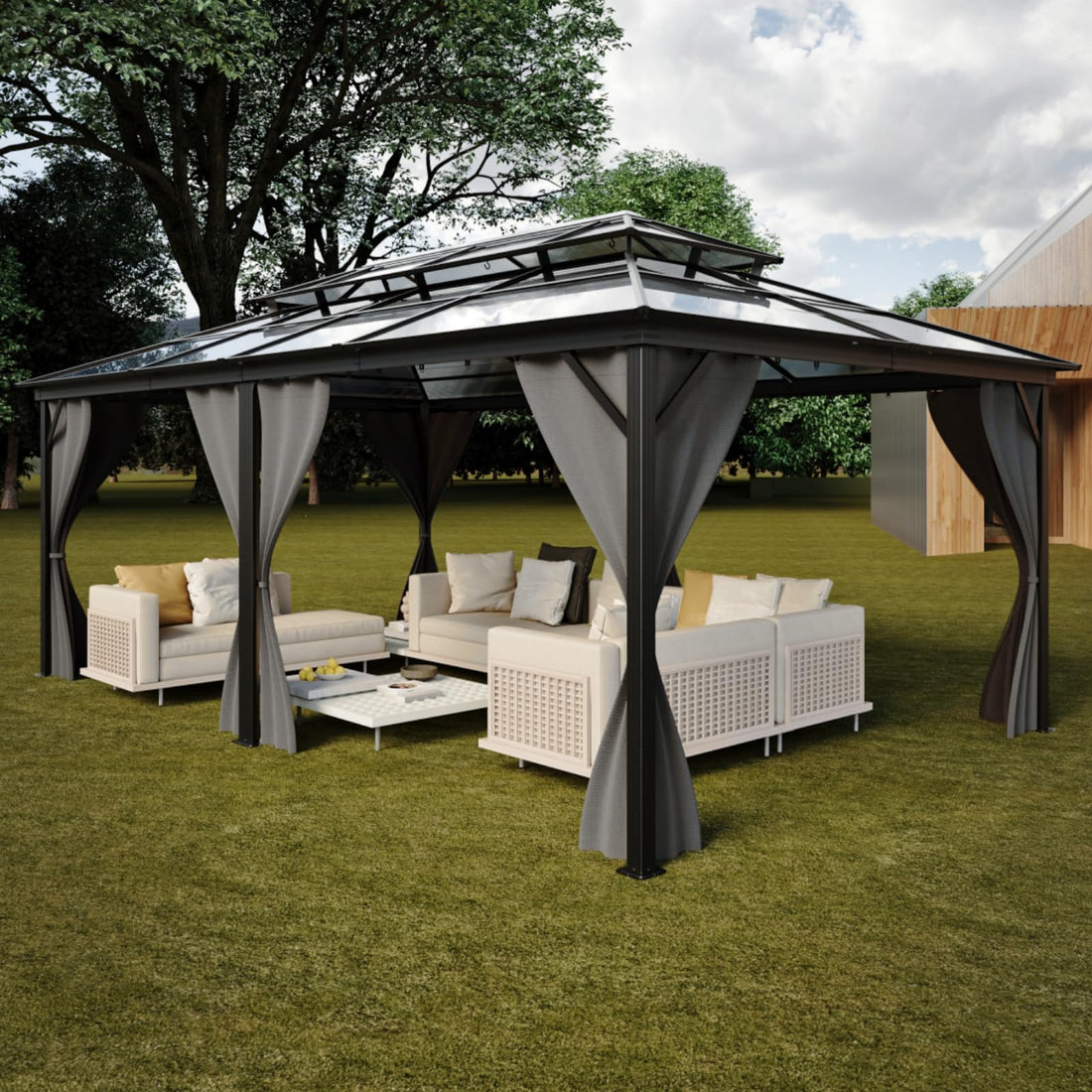 Garvee Hardtop Gazebo 12'x20' Double Polycarbonate Roof Aluminum Alloy Frame Curtains & Net Gray Patio Deck Backyard