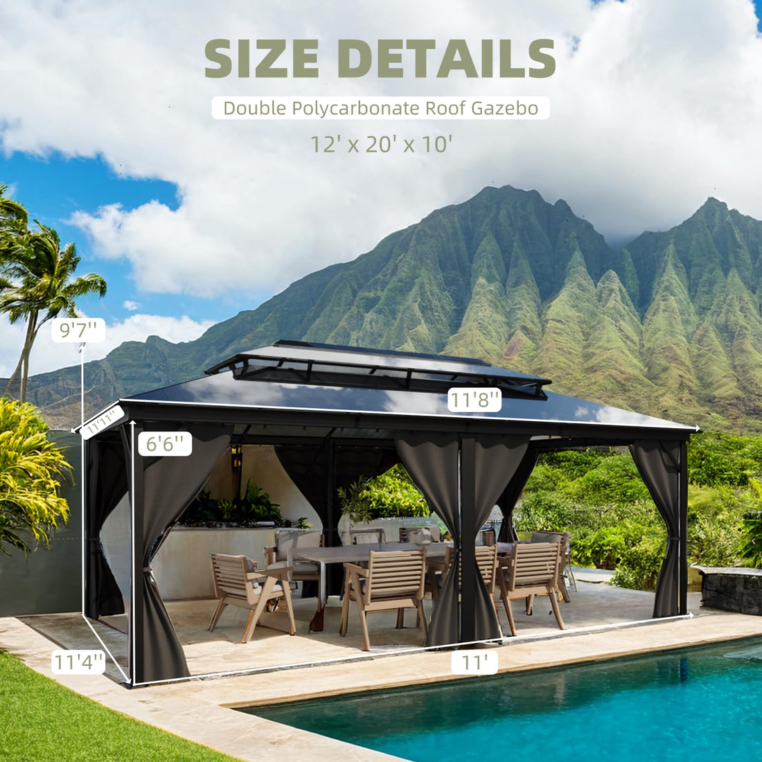 Garvee Hardtop Gazebo 12'x20' Double Polycarbonate Roof Aluminum Alloy Frame Curtains & Net Gray Patio Deck Backyard