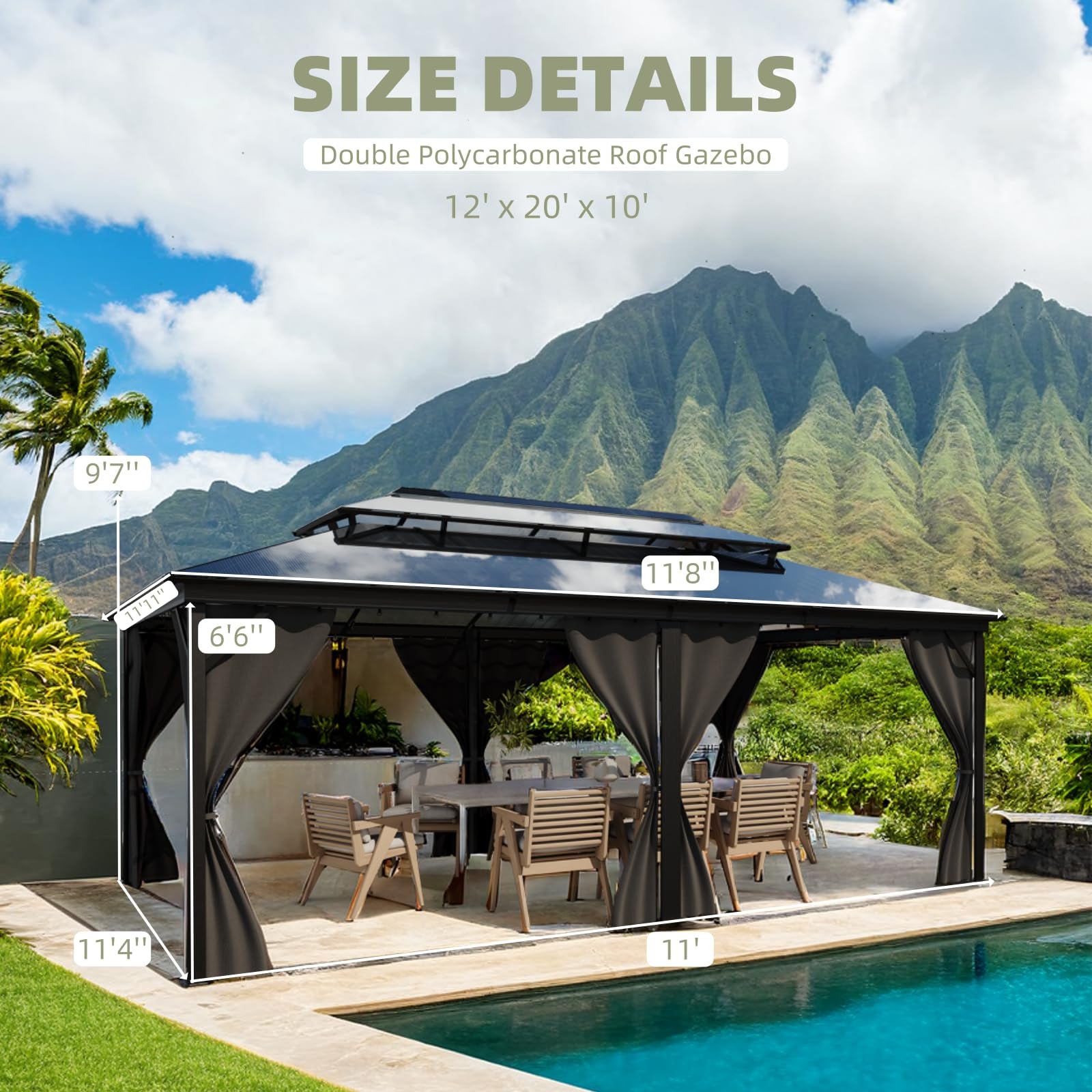 Garvee Hardtop Gazebo 12'x20' Double Polycarbonate Roof Aluminum Alloy Frame Curtains & Net Gray Patio Deck Backyard