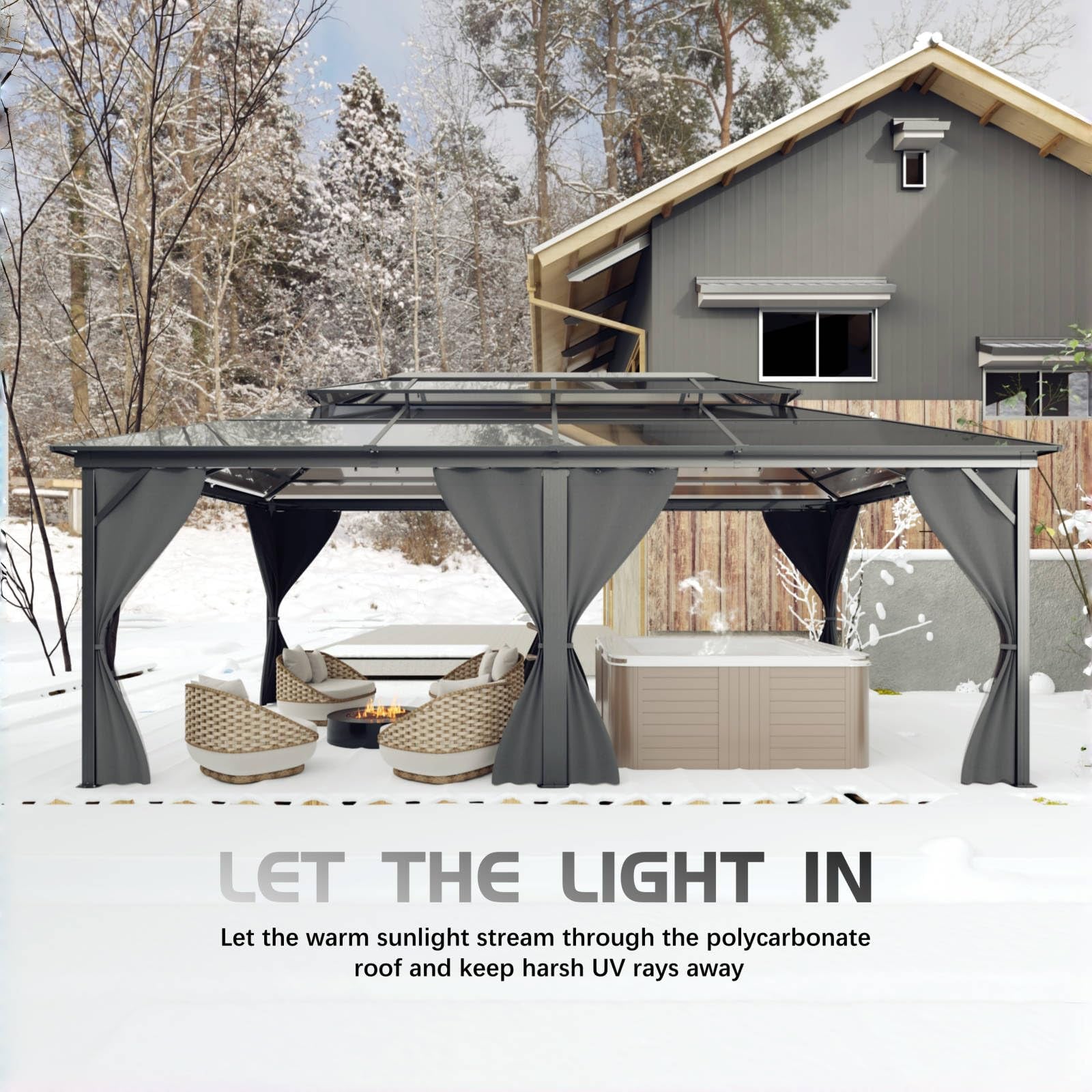 Garvee Hardtop Gazebo 12'x20' Double Polycarbonate Roof Aluminum Alloy Frame Curtains & Net Gray Patio Deck Backyard