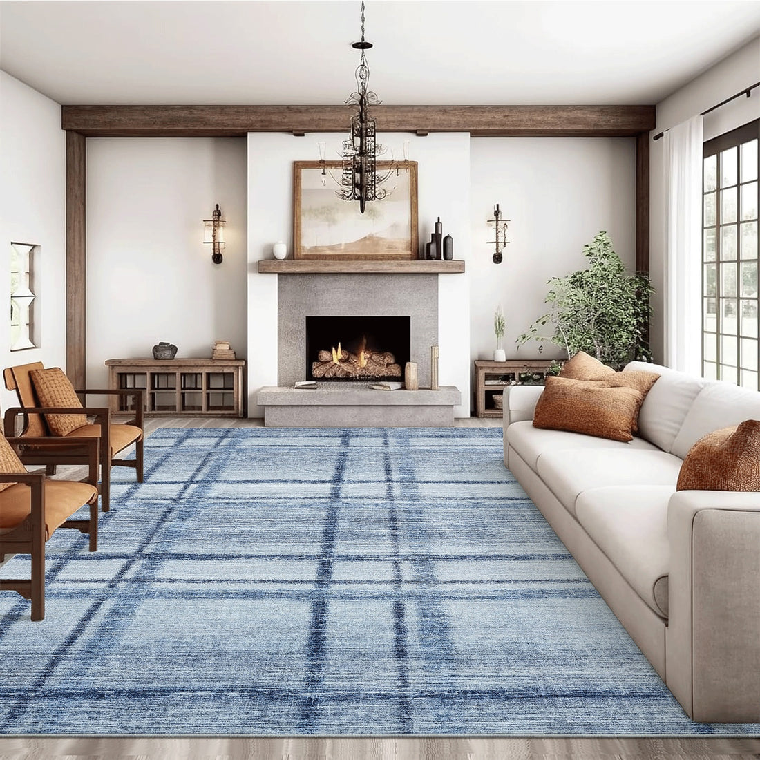 Garvee Washable Blue Area Rug for Living Rooom, 8x10 Geometric Modern Large Non Slip Carpet for Bedroom, Contemporary Low Pile Ultra Thin Dining Room Rugs, Accent Textured Home Office Floor Cover