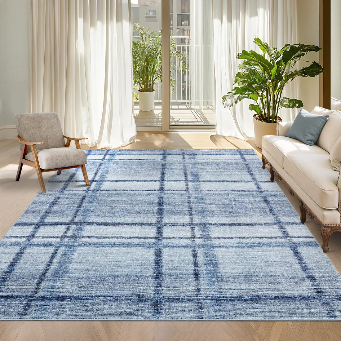 Garvee Washable Blue Area Rug for Living Rooom, 8x10 Geometric Modern Large Non Slip Carpet for Bedroom, Contemporary Low Pile Ultra Thin Dining Room Rugs, Accent Textured Home Office Floor Cover