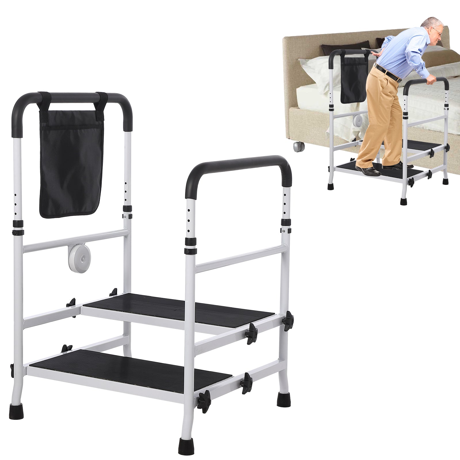 Garvee 2-Step Stool for Elderly, Bed Rails with Adjustable Height Dual Handles for Bed Safety, Bed Step Stool Rail Up to 440 Lbs with Handicap for Fall Prevention for Bedside, Bathtub, RV