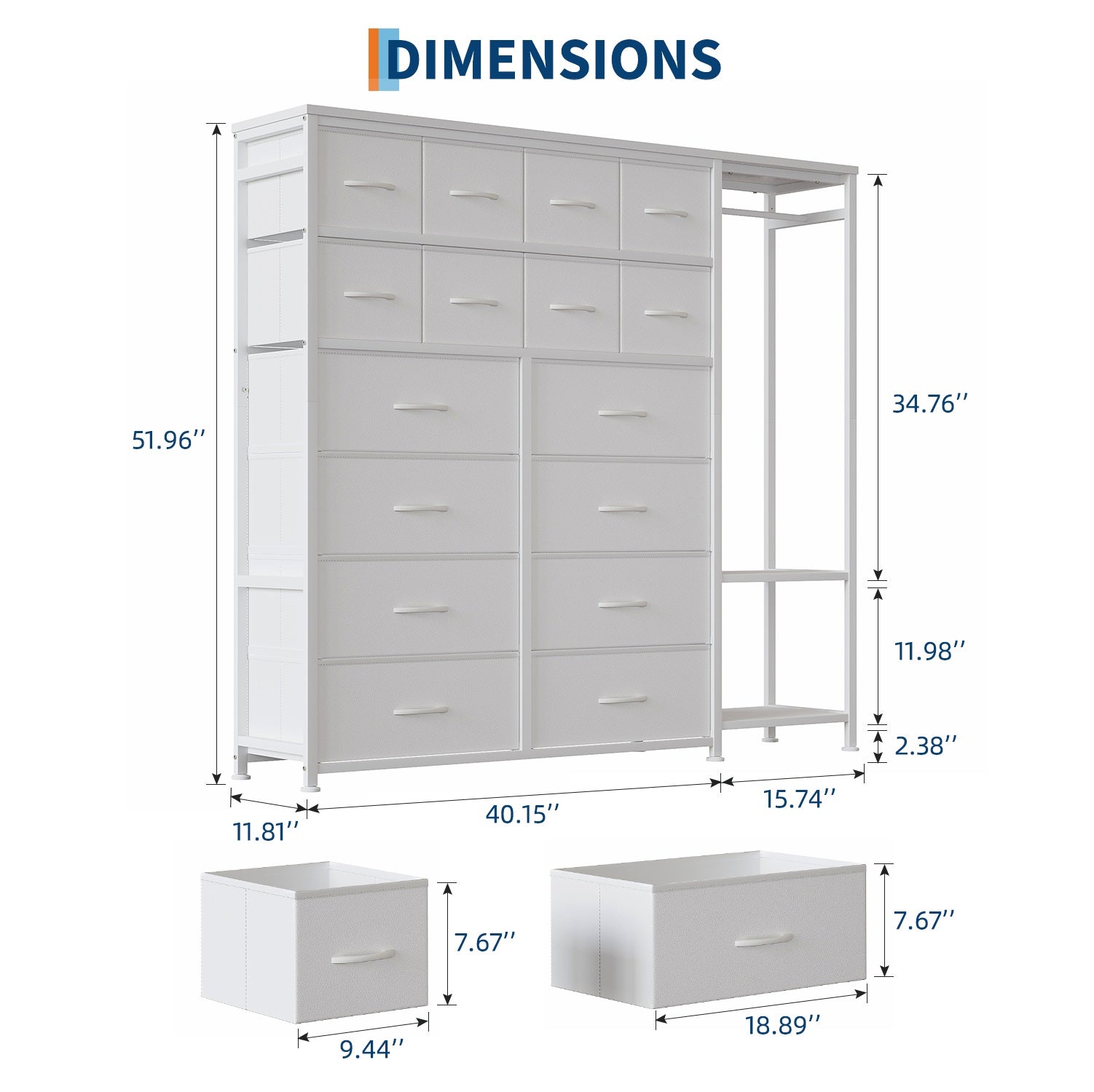 Garvee 16 Drawers Dresser with Clothes Rack, Freestanding Closet Organizer for Hanging Clothes, Tall Fabric Chests with Wardrobe Clothing Rack, 2 Storage Shelves for Bedroom Living Room, White
