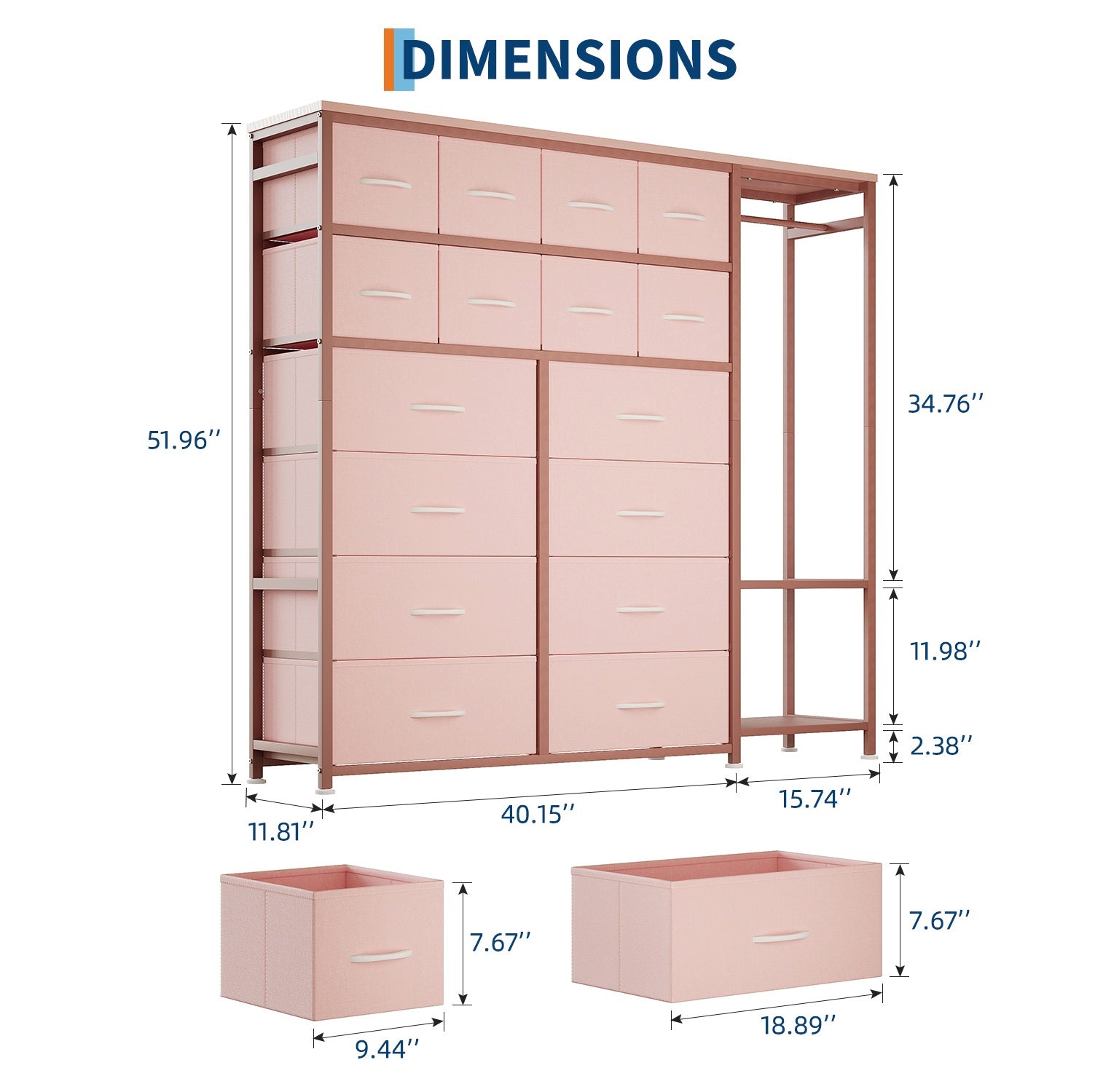 Garvee 16 Drawers Dresser with Clothes Rack, Freestanding Closet Organizer for Hanging Clothes, Tall Fabric Chests with Wardrobe Clothing Rack, 2 Storage Shelves for Bedroom Living Room, Pink