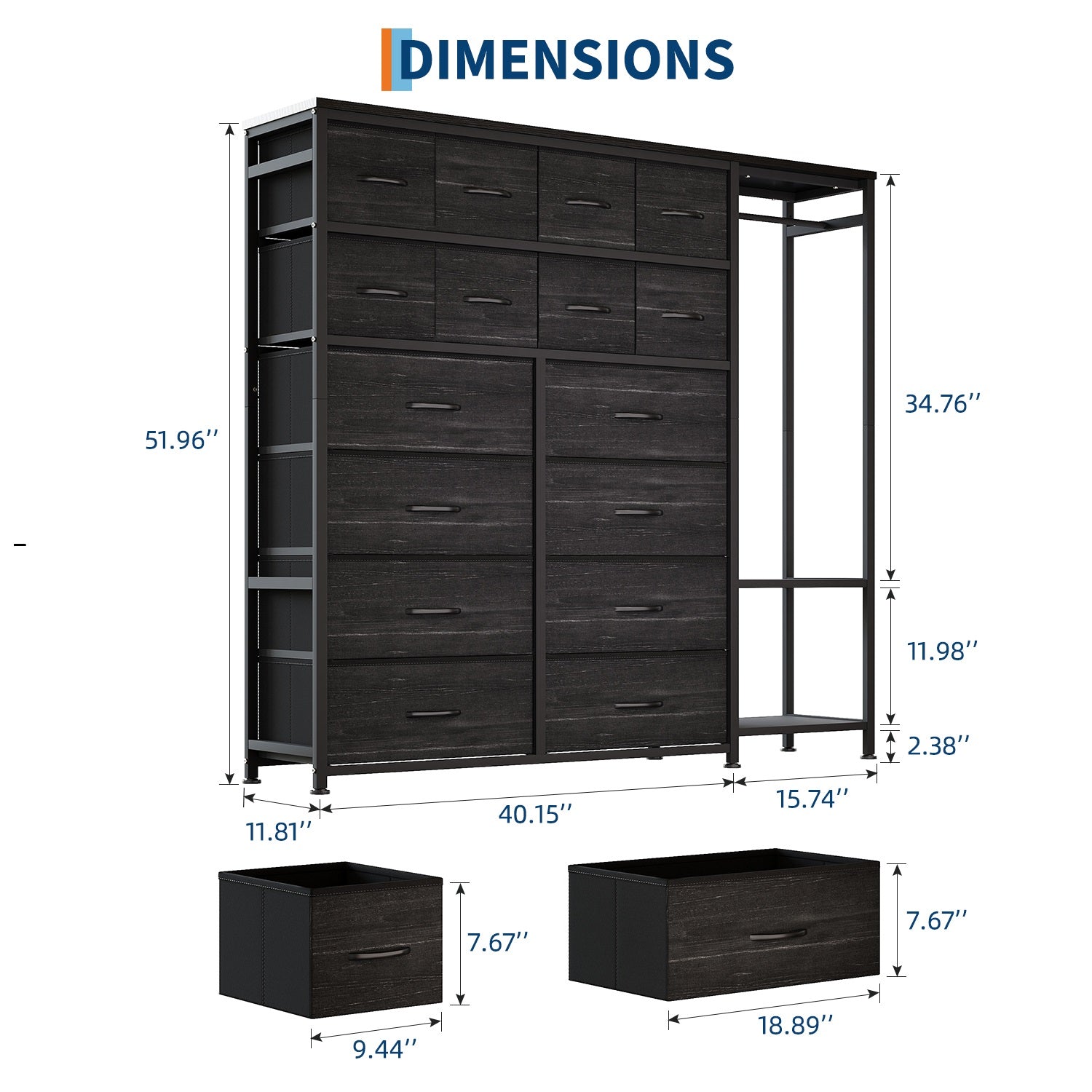 Garvee 16 Drawers Dresser with Clothes Rack, Freestanding Closet Organizer for Hanging Clothes, Tall Fabric Chests with Wardrobe Clothing Rack, 2 Storage Shelves for Bedroom Living Room, Black